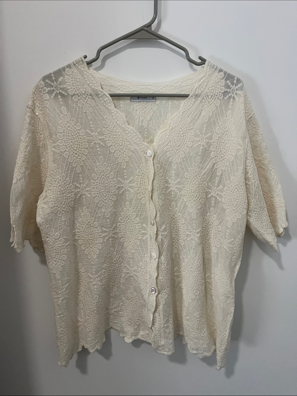 Beautiful Lightweight Cream Lace-Texture Button Cardigan, Scalloped accent